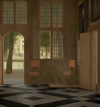 Reconstruction of Pieter de Hooch, Man Handing a Letter to a Woman in the Entrance Hall of a House (1670)