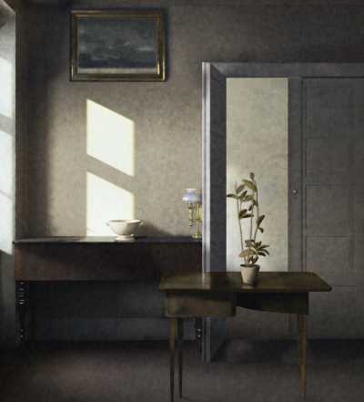 Reconstruction of Vilhelm Hammershøi, Interior with Flower Pot on the Card Table, Bredgasse 25 (1910-1911)