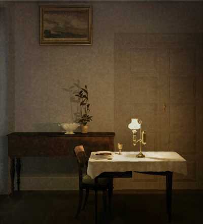 Deconstruction of Vilhelm Hammershøi, Interior with Flower Pot on the Card Table, Bredgasse 25 (1910-1911)