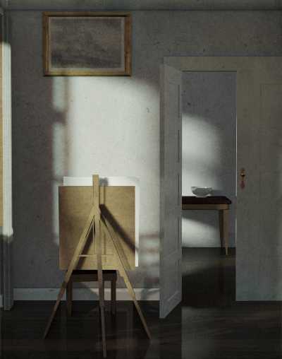 Reconstruction of Vilhelm Hammershøi, Interior with the Artist’s Easel (1910)