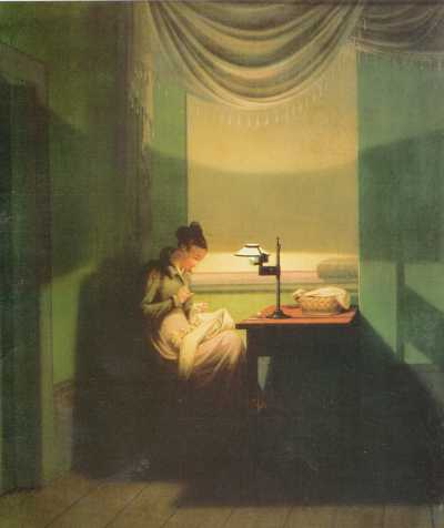 Young Woman Sewing by the Light of a Lamp