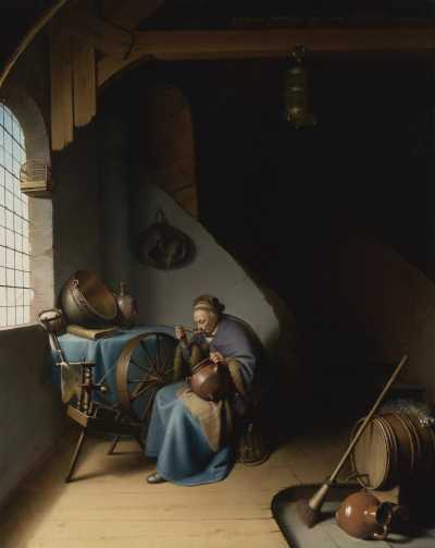 Old Woman Eating Porridge Near a Spinning Wheel in an Interior