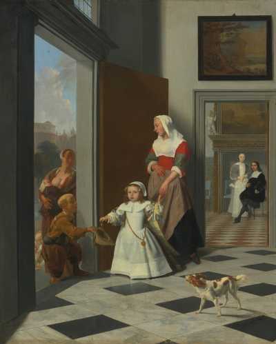 A Nurse and a Child in an Elegant Foyer