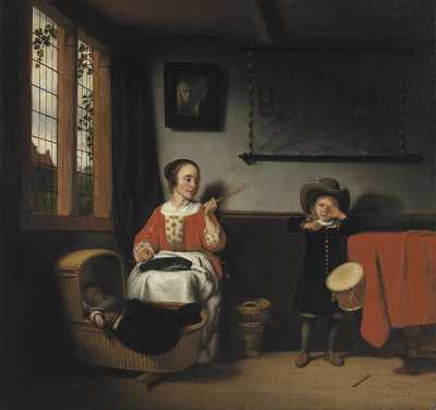 Young Woman with a Rod Near a Cradle and a Boy with a Drum