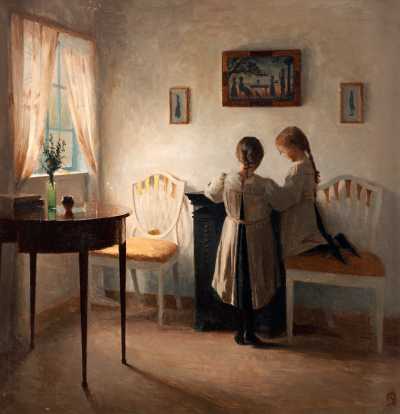 Interior with two Girls or Two Girls Playing