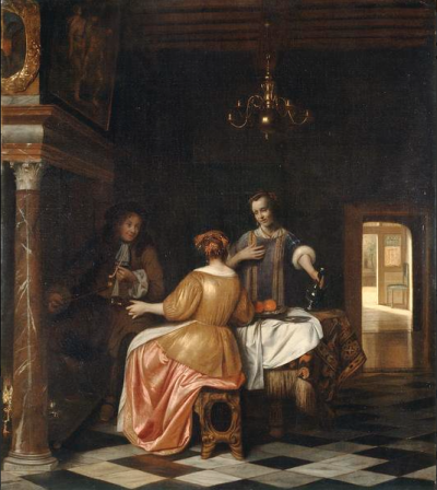 Interior with a gentleman and two ladies conversing
