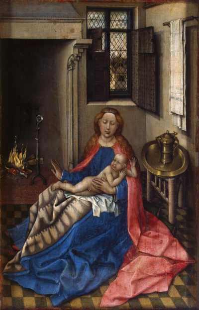 Mary with Jesus by a Fireplace